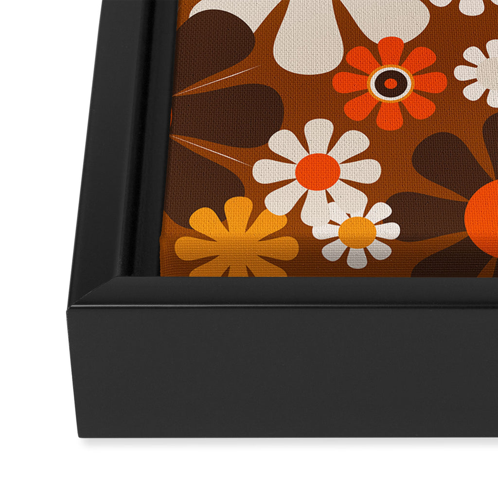 Retro Garden Flowers Groovy 1970s Floral Pattern in 70s Brown and Orange Framed Canvas Print Gallery Image 3