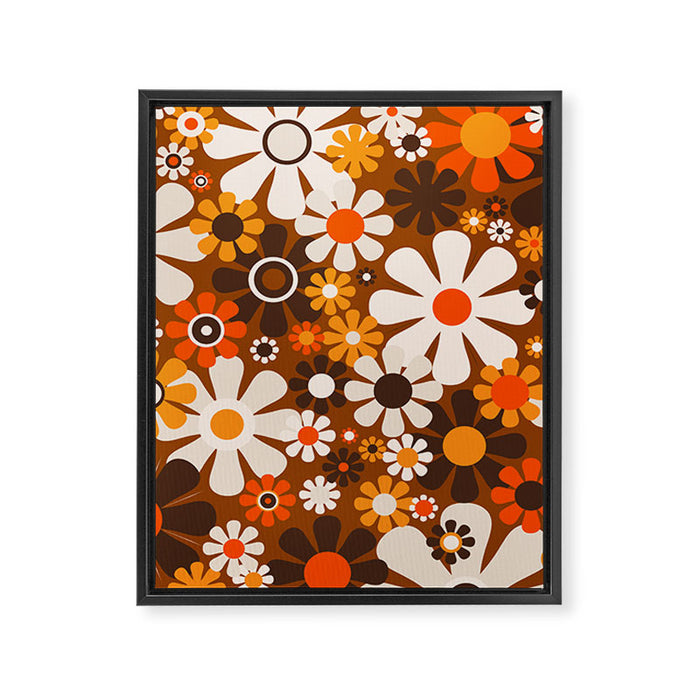 Retro Garden Flowers Groovy 1970s Floral Pattern in 70s Brown and Orange Framed Canvas Print Gallery Image 1