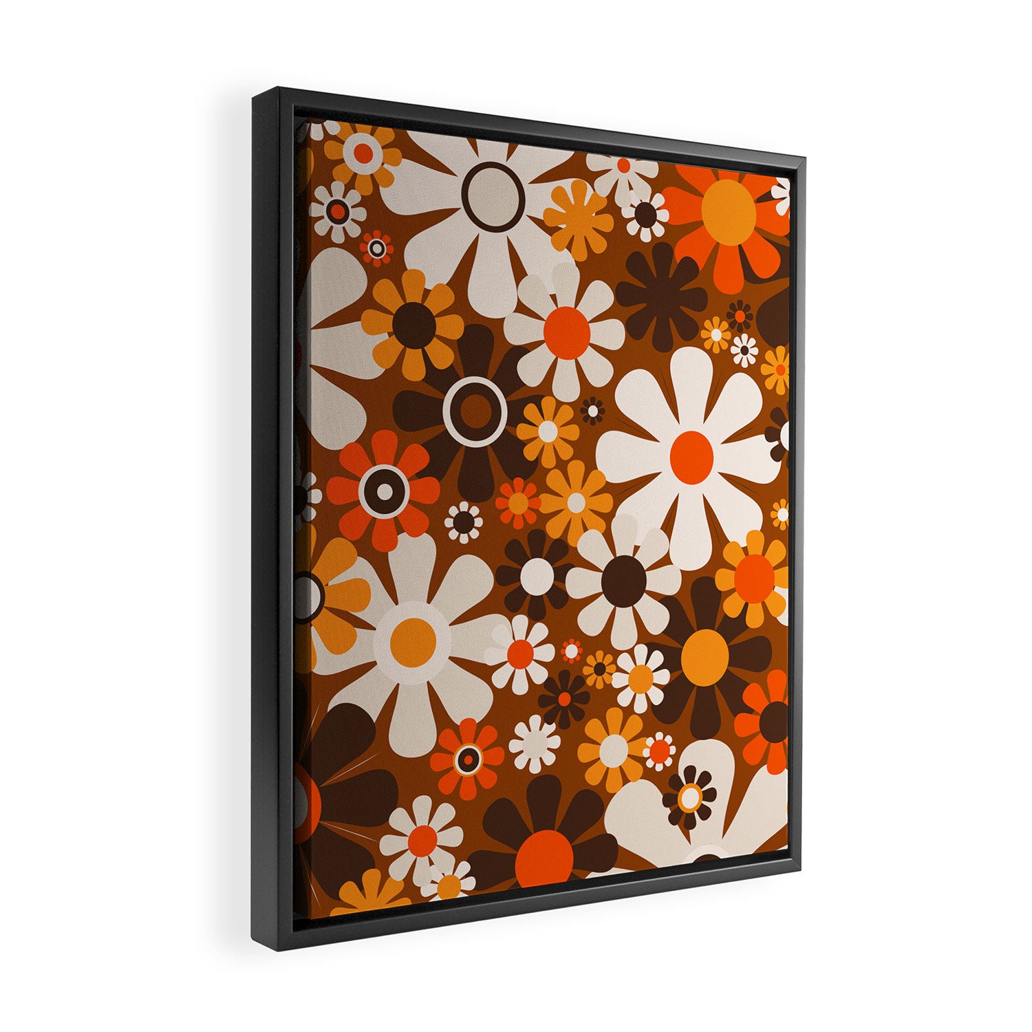 Retro Garden Flowers Groovy 1970s Floral Pattern in 70s Brown and Orange Framed Canvas Print Gallery Image 2