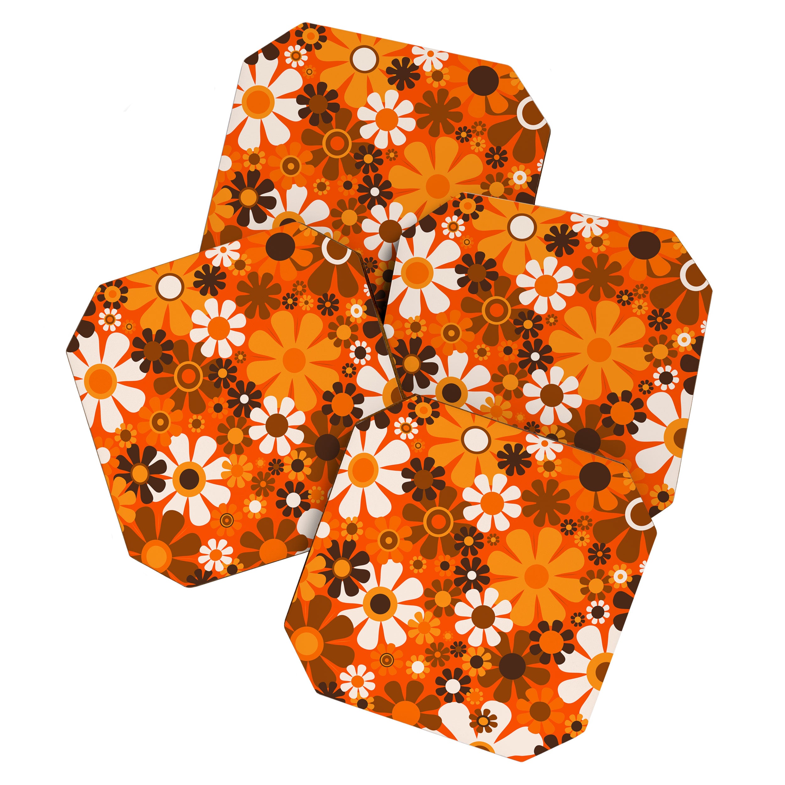 Retro Garden Flowers Groovy 1970s Floral Pattern in 70s Orange and Brown Coaster Gallery Image 1