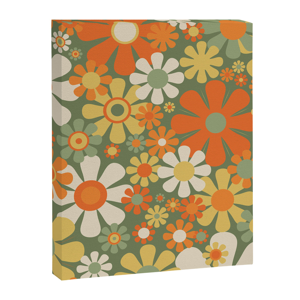 Retro Garden Flowers Groovy 60s 70s Floral Pattern in Mossy Sage Green Orange Yellow Canvas Print Gallery Image 8