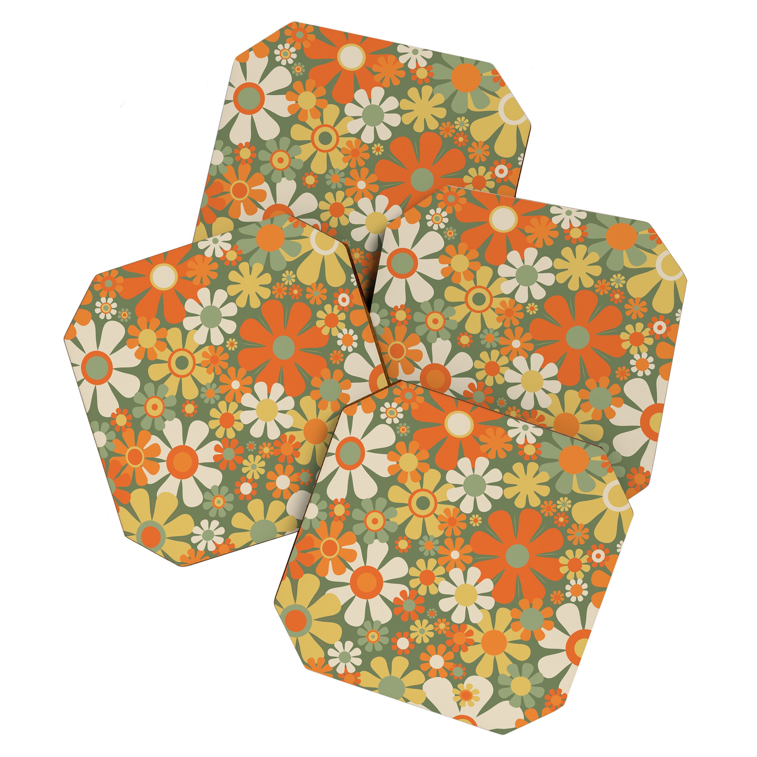 Retro Garden Flowers Groovy 60s 70s Floral Pattern in Mossy Sage Green Orange Yellow Coaster Gallery Image 1