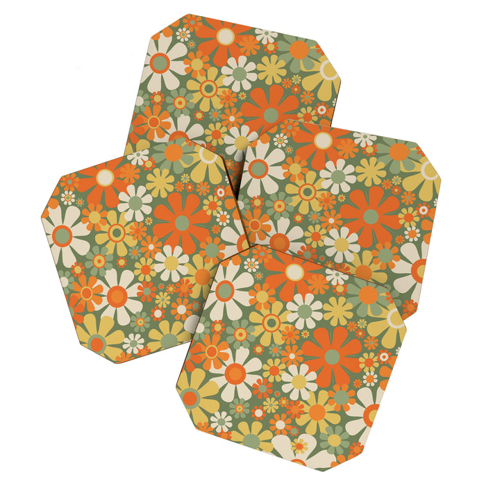 Retro Garden Flowers Groovy 60s 70s Floral Pattern in Mossy Sage Green Orange Yellow Coaster Gallery Image 1