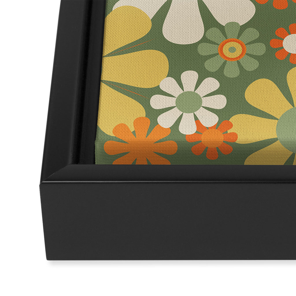 Retro Garden Flowers Groovy 60s 70s Floral Pattern in Mossy Sage Green Orange Yellow Framed Canvas Print Gallery Image 3