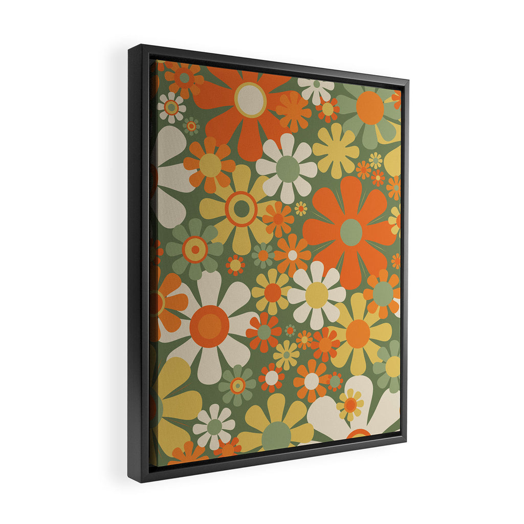 Retro Garden Flowers Groovy 60s 70s Floral Pattern in Mossy Sage Green Orange Yellow Framed Canvas Print Gallery Image 2