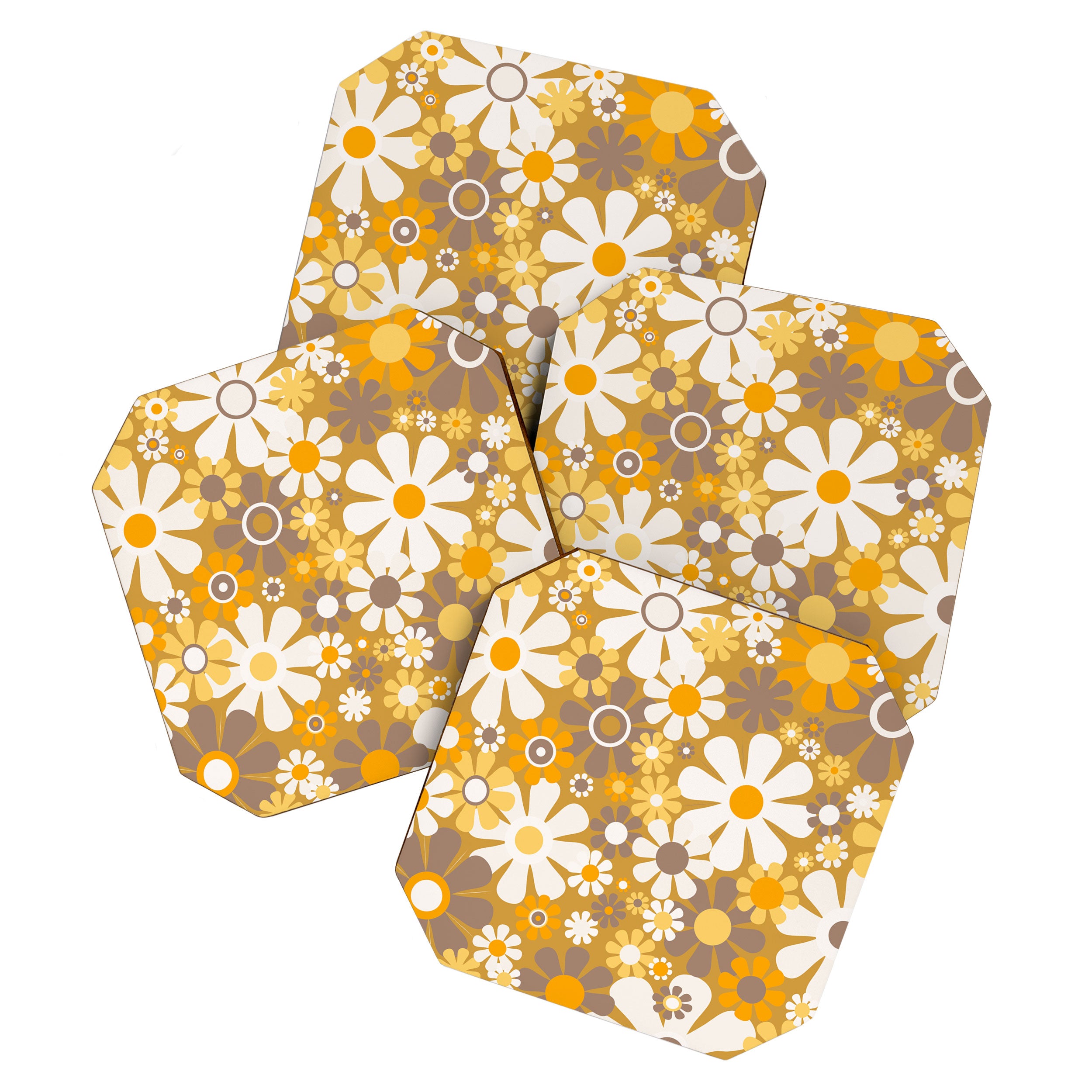 Retro Garden Flowers Groovy 60s 70s Floral Pattern in Ochre Yellow Orange Coaster Gallery Image 1