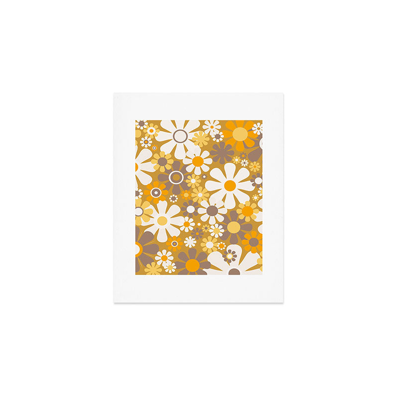 Retro Garden Flowers Groovy 60s 70s Floral Pattern in Ochre Yellow Orange Art Print Gallery Image 1