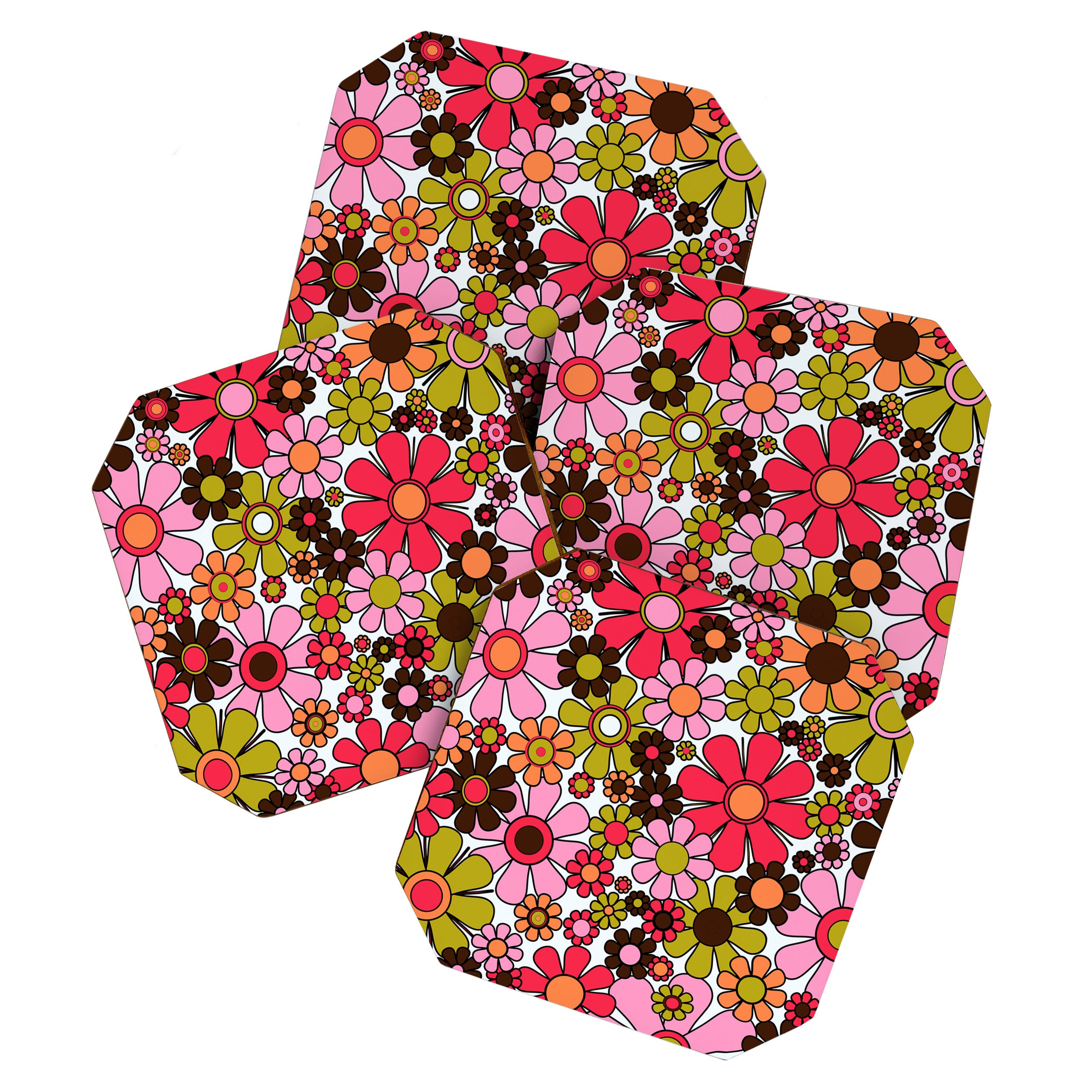 Retro Garden Flowers Groovy 60s 70s Floral Pattern in Pink, Dark Brown, Avocado Green, Orange, and Black Coaster Gallery Image 1