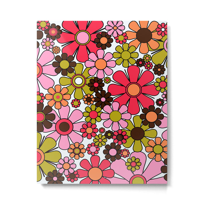 Retro Garden Flowers Groovy 60s 70s Floral Pattern in Pink, Dark Brown, Avocado Green, Orange, and Black Metal Print Gallery Image 1