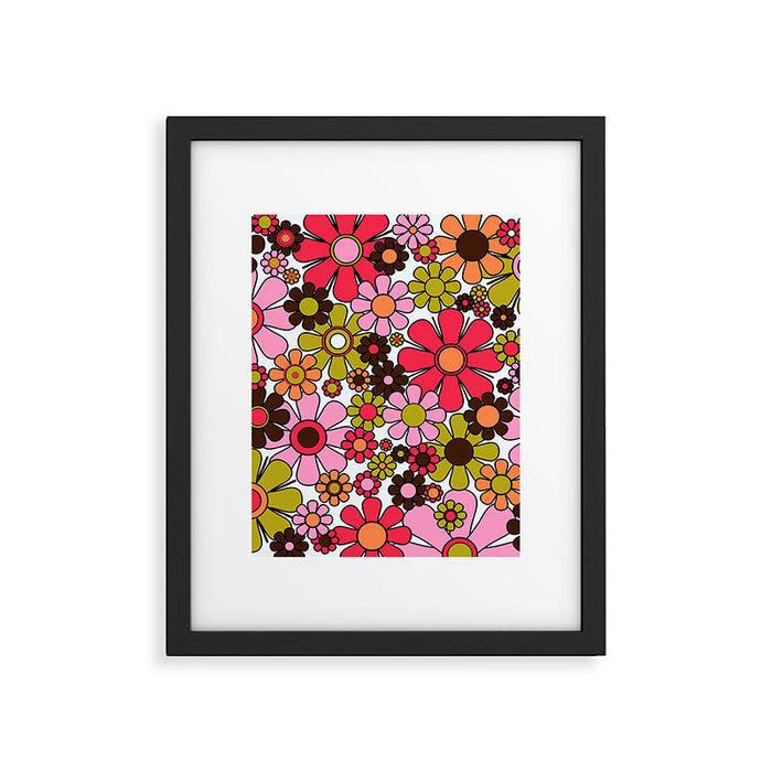 Retro Garden Flowers Groovy 60s 70s Floral Pattern in Pink, Dark Brown, Avocado Green, Orange, and Black Framed Art Print Gallery Image 1