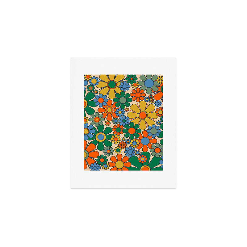 Retro Garden Flowers Groovy 60s 70s Floral Pattern Mustard Green Orange Blue Art Print Gallery Image 1
