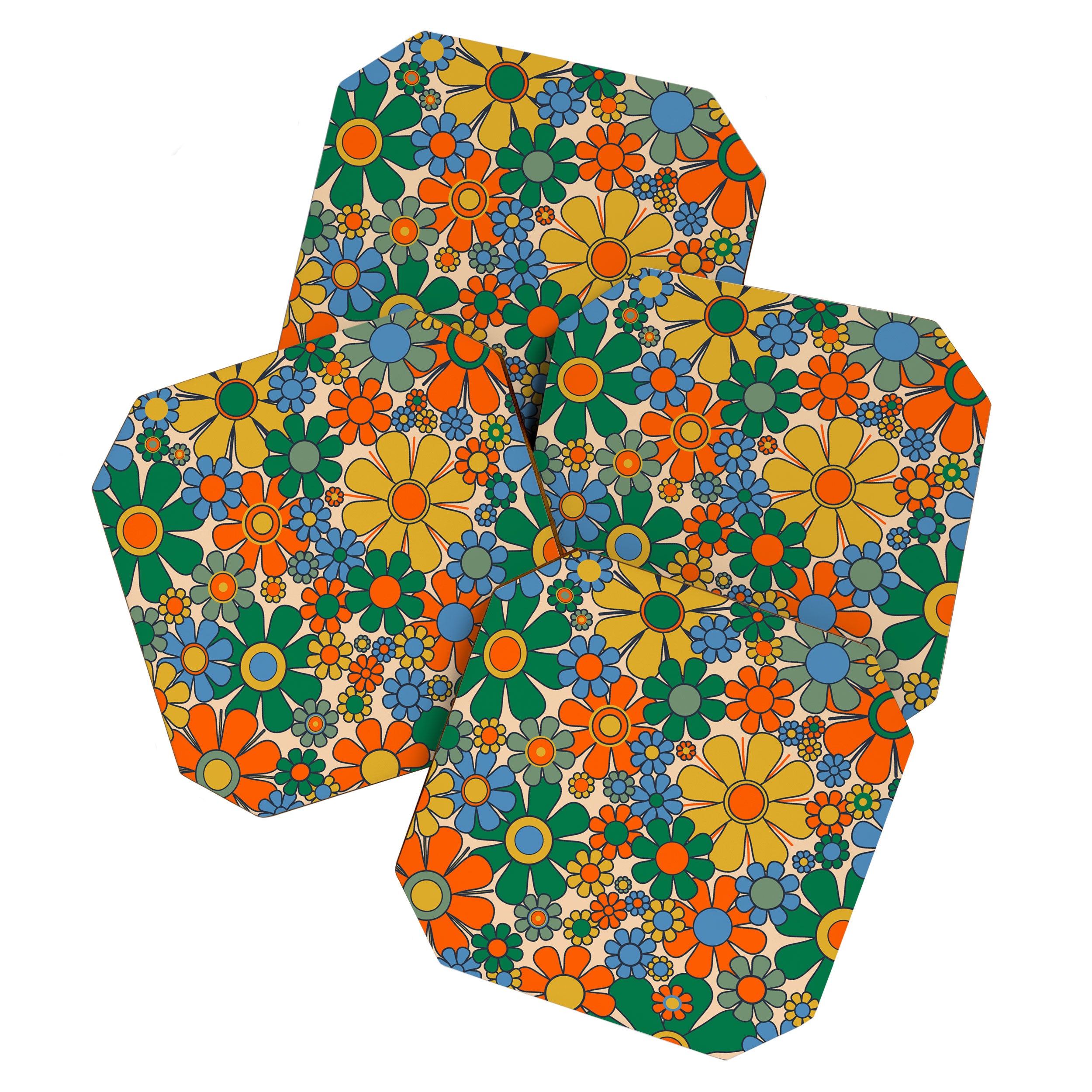 Retro Garden Flowers Groovy 60s 70s Floral Pattern Mustard Green Orange Blue Coaster Gallery Image 1