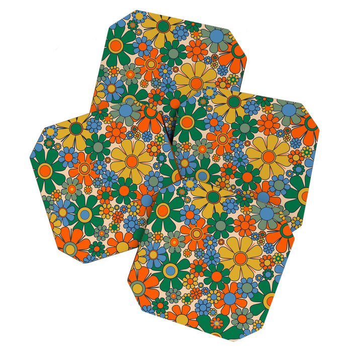 Retro Garden Flowers Groovy 60s 70s Floral Pattern Mustard Green Orange Blue Coaster Gallery Image 1