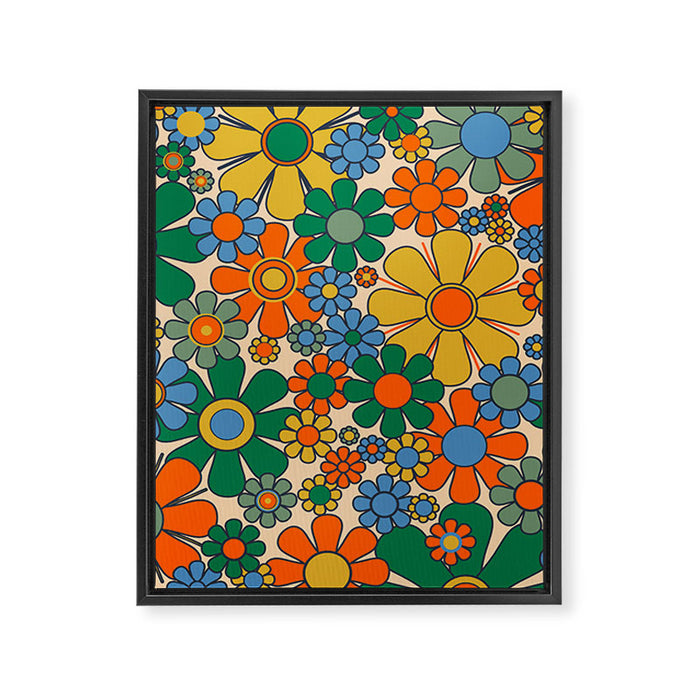 Retro Garden Flowers Groovy 60s 70s Floral Pattern Mustard Green Orange Blue Framed Canvas Print Gallery Image 1
