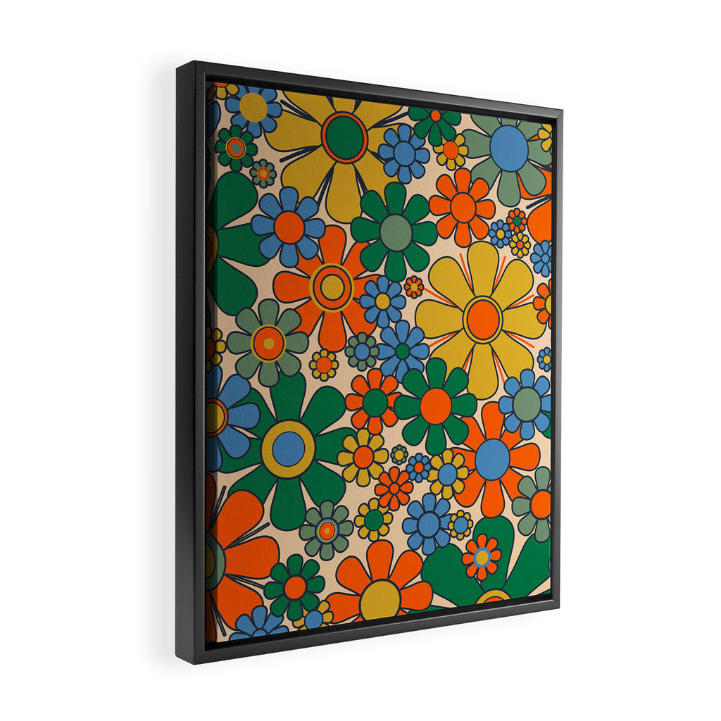 Retro Garden Flowers Groovy 60s 70s Floral Pattern Mustard Green Orange Blue Framed Canvas Print Gallery Image 2