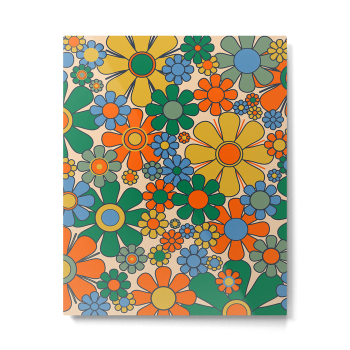 Retro Garden Flowers Groovy 60s 70s Floral Pattern Mustard Green Orange Blue Metal Print Gallery Image 1