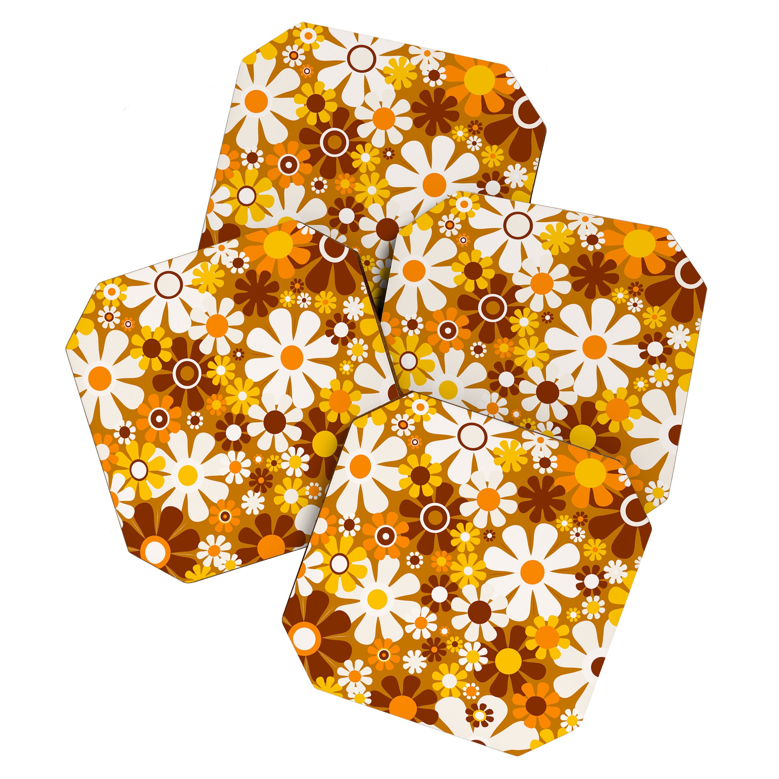Retro Garden Flowers Groovy 60s 70s Floral Pattern Ochre Yellow Orange Brown Coaster Gallery Image 1