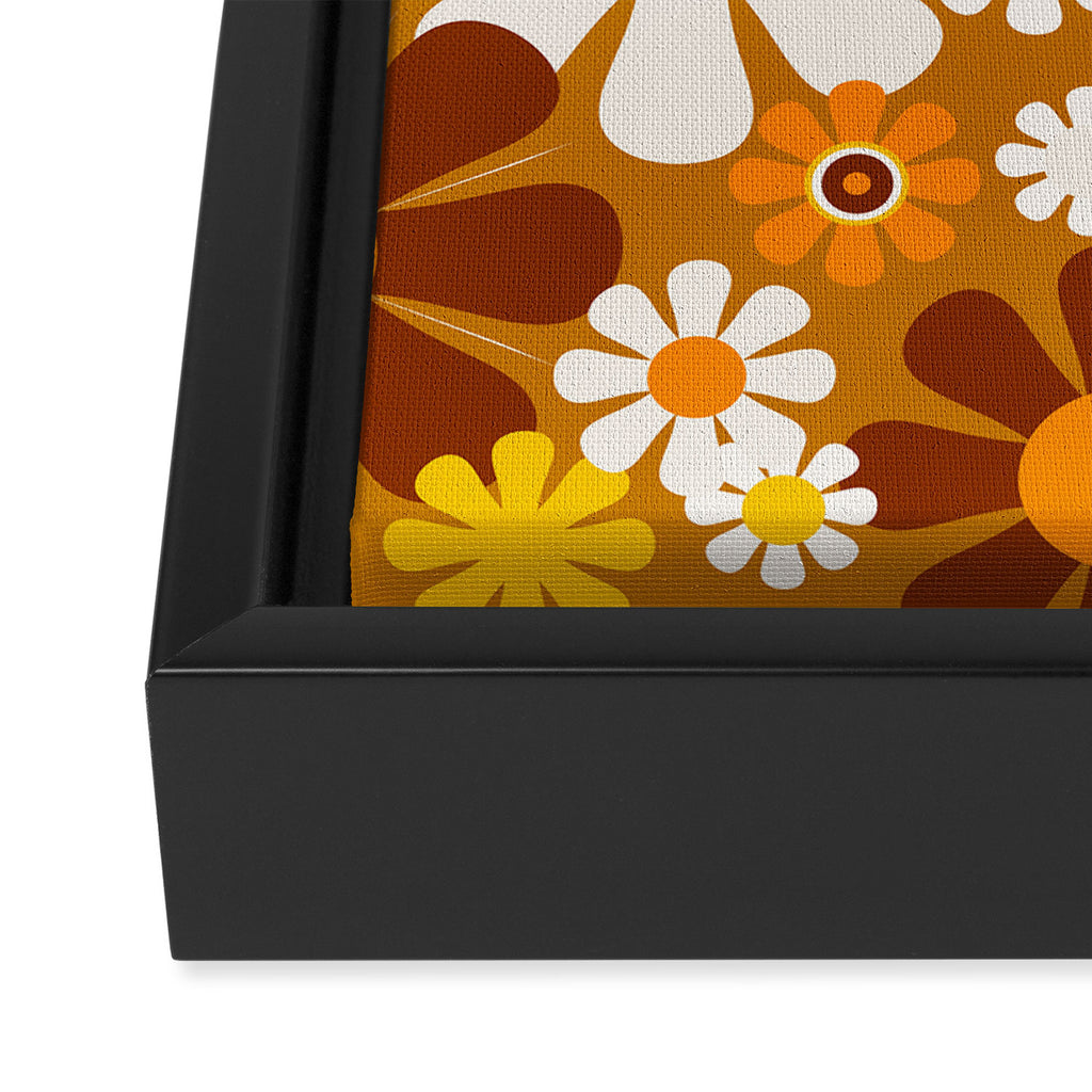 Retro Garden Flowers Groovy 60s 70s Floral Pattern Ochre Yellow Orange Brown Framed Canvas Print Gallery Image 3