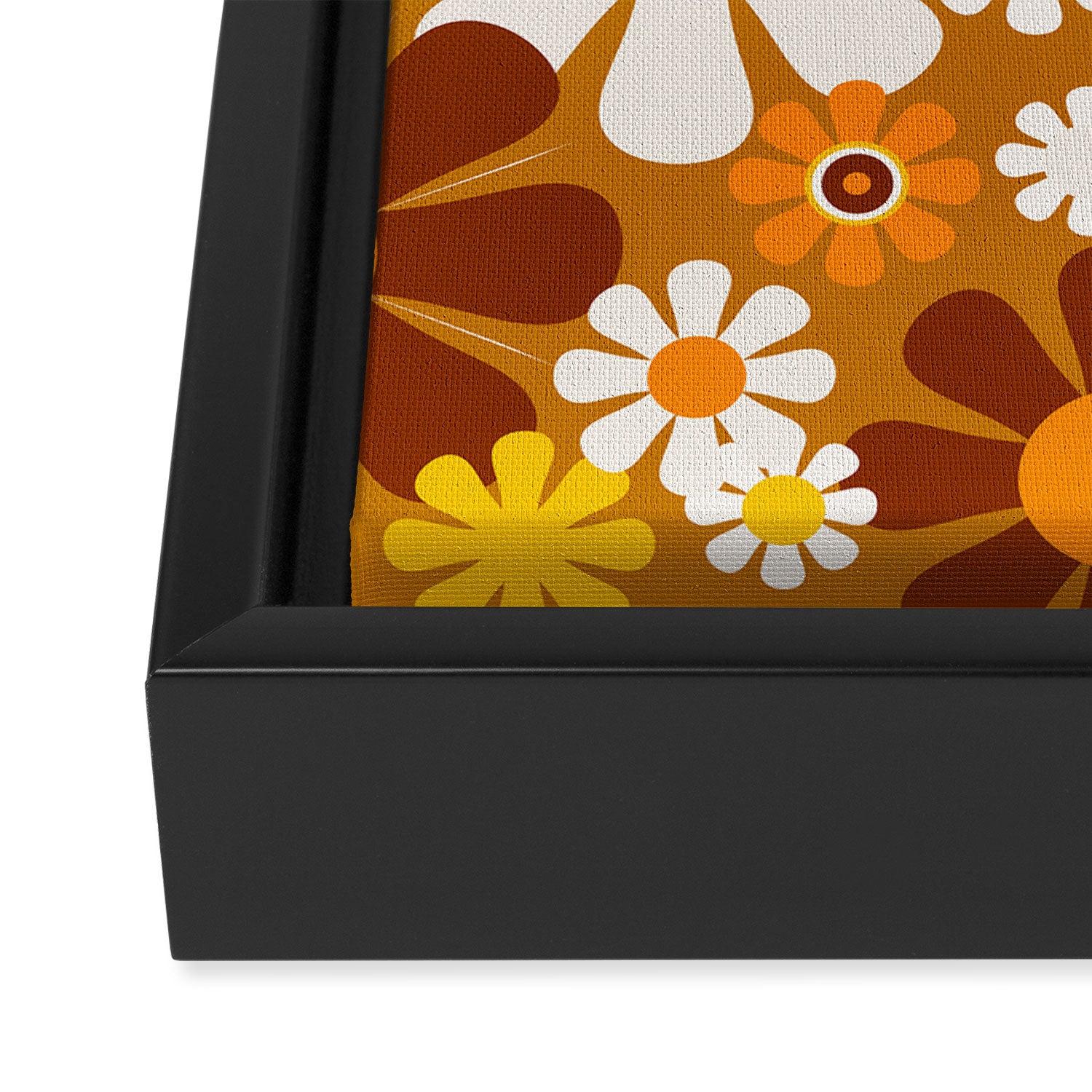 Retro Garden Flowers Groovy 60s 70s Floral Pattern Ochre Yellow Orange Brown Framed Canvas Print Gallery Image 3