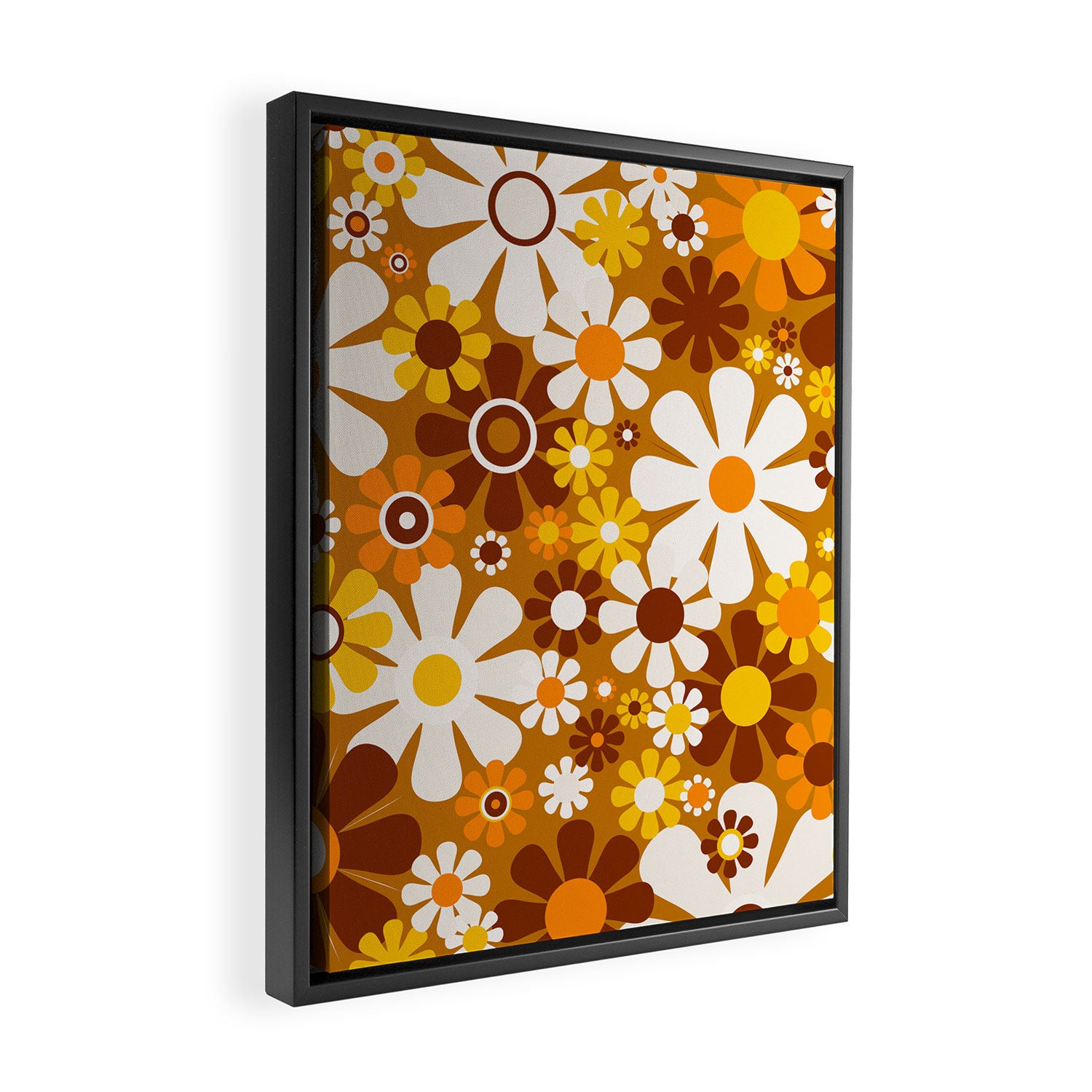 Retro Garden Flowers Groovy 60s 70s Floral Pattern Ochre Yellow Orange Brown Framed Canvas Print Gallery Image 2