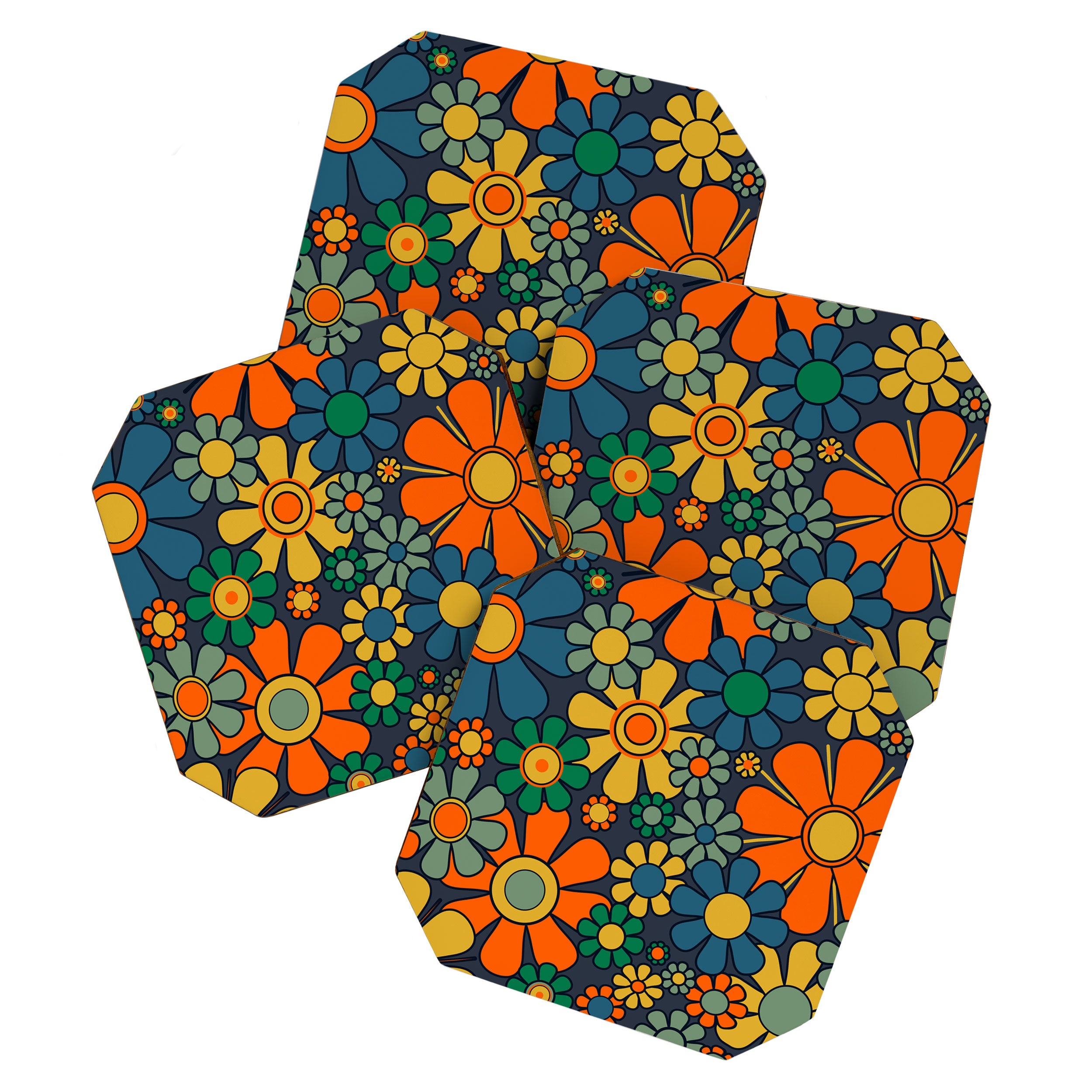 Retro Garden Flowers Groovy 60s 70s Floral Pattern Orange Blue Green Mustard Coaster Gallery Image 1