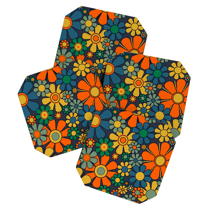 Retro Garden Flowers Groovy 60s 70s Floral Pattern Orange Blue Green Mustard Coaster Gallery Image 1