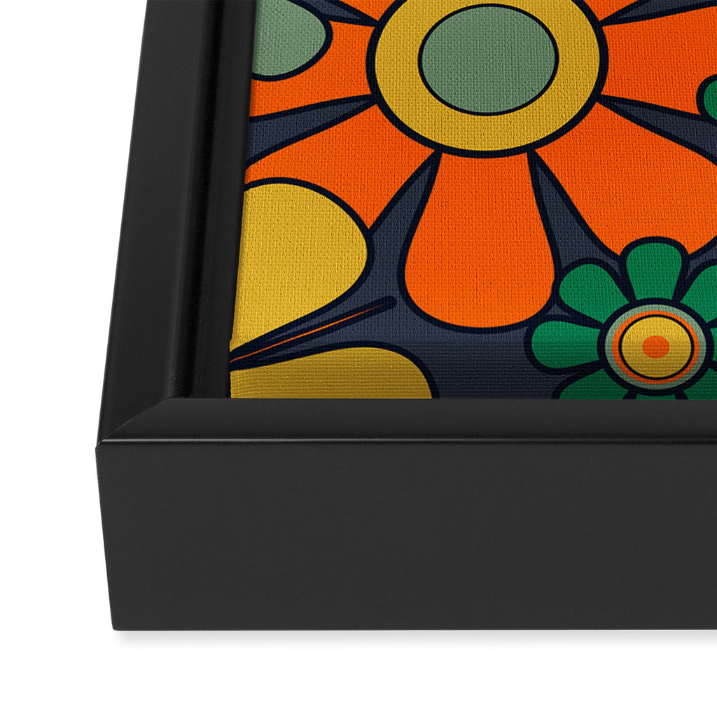 Retro Garden Flowers Groovy 60s 70s Floral Pattern Orange Blue Green Mustard Framed Canvas Print Gallery Image 3