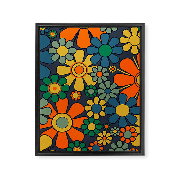 Retro Garden Flowers Groovy 60s 70s Floral Pattern Orange Blue Green Mustard Framed Canvas Print Gallery Image 1