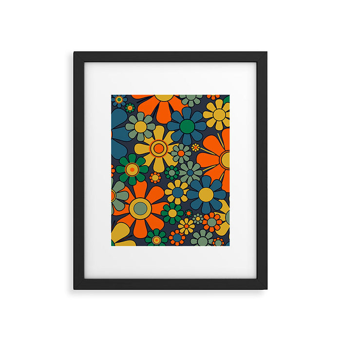 Retro Garden Flowers Groovy 60s 70s Floral Pattern Orange Blue Green Mustard Framed Art Print Gallery Image 1