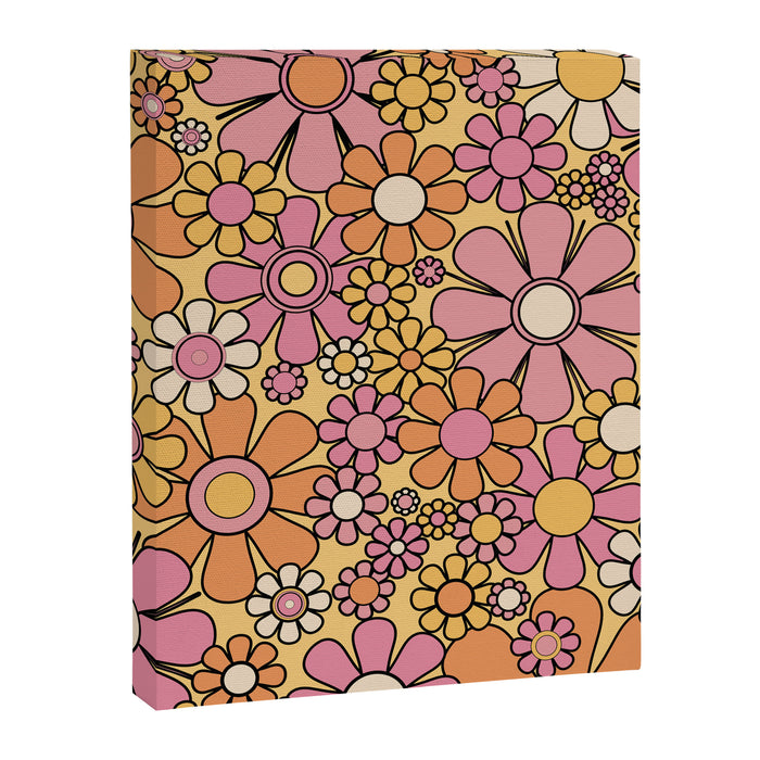 Retro Garden Flowers Groovy 60s 70s Floral Pattern Pink Orange Yellow Black Canvas Print Gallery Image 1
