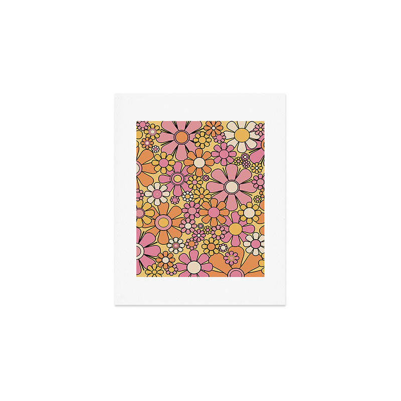 Retro Garden Flowers Groovy 60s 70s Floral Pattern Pink Orange Yellow Black Art Print Gallery Image 1