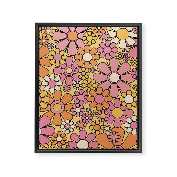 Retro Garden Flowers Groovy 60s 70s Floral Pattern Pink Orange Yellow Black Framed Canvas Print Gallery Image 1