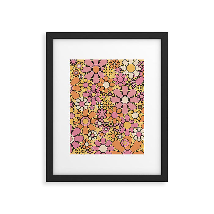 Retro Garden Flowers Groovy 60s 70s Floral Pattern Pink Orange Yellow Black Framed Art Print Gallery Image 1