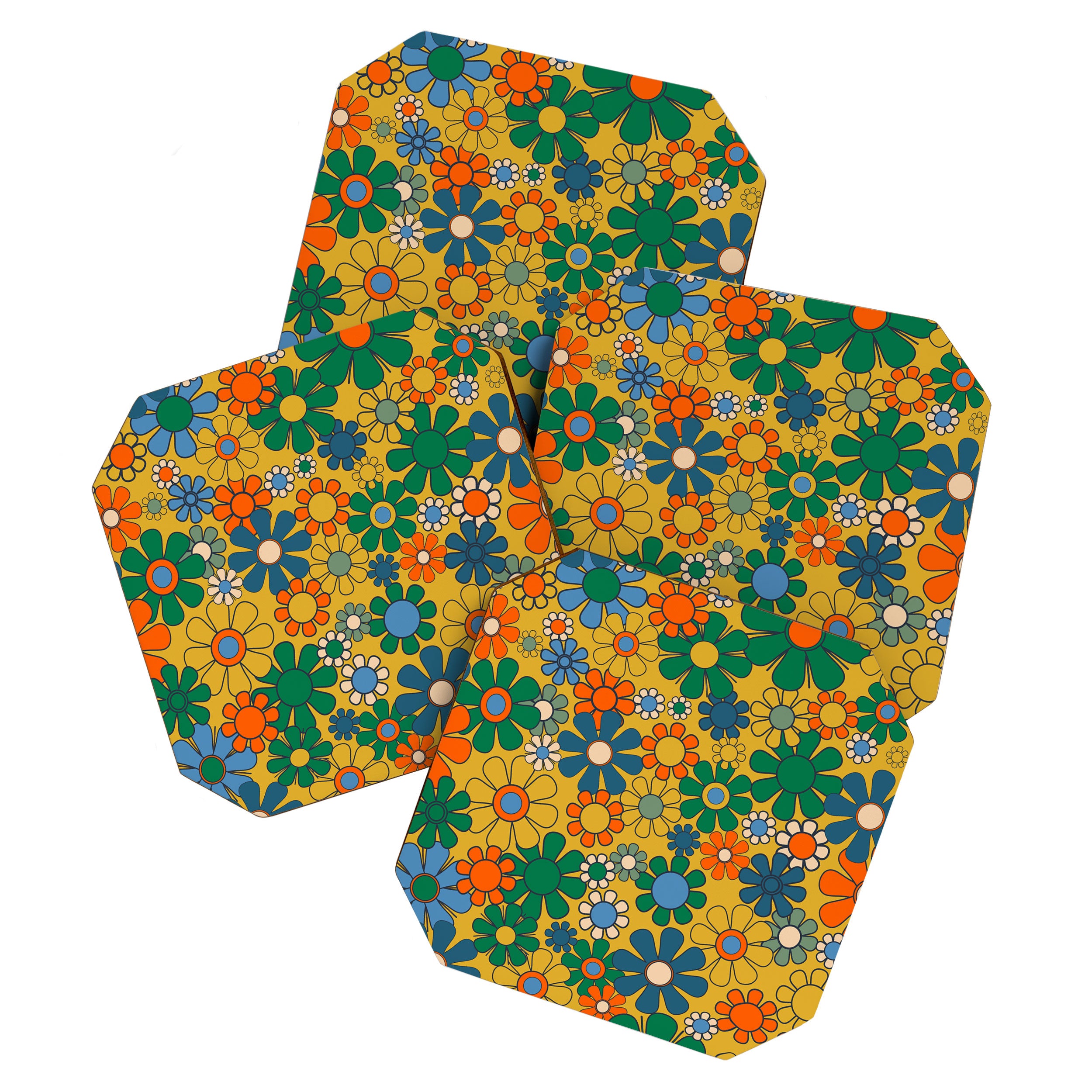 Retro Garden Flowers Groovy 60s 70s Multicolor Floral Pattern on Mustard Coaster Gallery Image 1