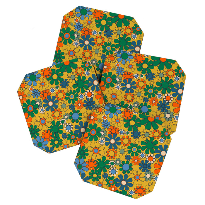 Retro Garden Flowers Groovy 60s 70s Multicolor Floral Pattern on Mustard Coaster Gallery Image 1