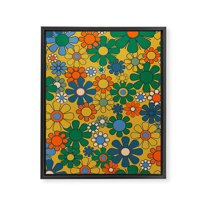 Retro Garden Flowers Groovy 60s 70s Multicolor Floral Pattern on Mustard Framed Canvas Print Gallery Image 1