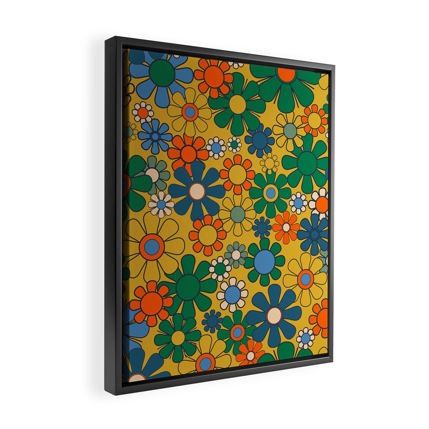 Retro Garden Flowers Groovy 60s 70s Multicolor Floral Pattern on Mustard Framed Canvas Print Gallery Image 2