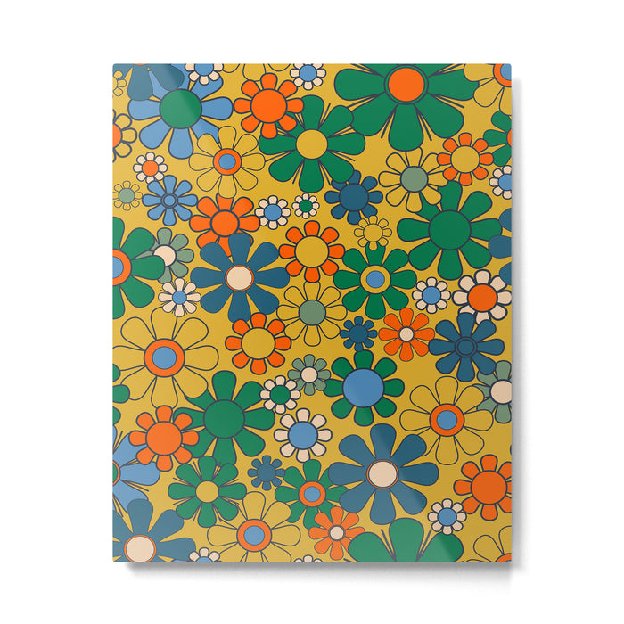 Retro Garden Flowers Groovy 60s 70s Multicolor Floral Pattern on Mustard Metal Print Gallery Image 1