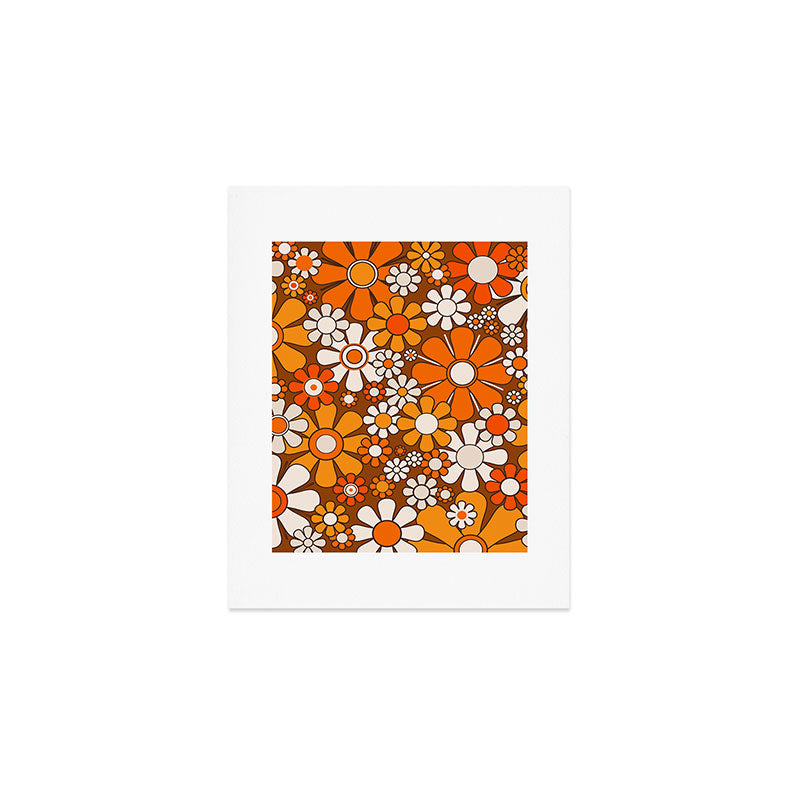 Retro Garden Flowers Groovy Floral Cheerful 60s 70s Pattern in 1970s Orange Brown Beige Art Print Gallery Image 1