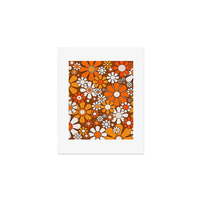 Retro Garden Flowers Groovy Floral Cheerful 60s 70s Pattern in 1970s Orange Brown Beige Art Print Gallery Image 1