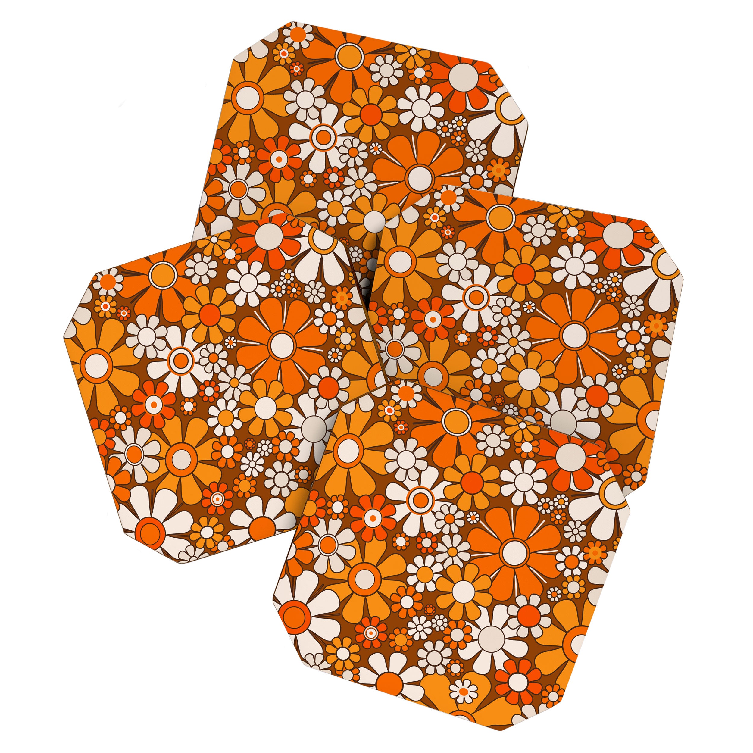 Retro Garden Flowers Groovy Floral Cheerful 60s 70s Pattern in 1970s Orange Brown Beige Coaster Gallery Image 1