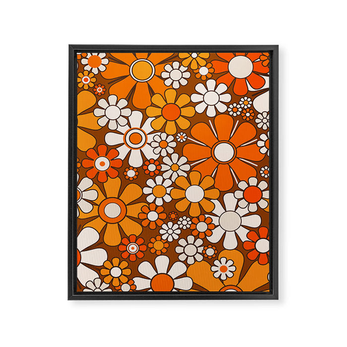 Retro Garden Flowers Groovy Floral Cheerful 60s 70s Pattern in 1970s Orange Brown Beige Framed Canvas Print Gallery Image 1