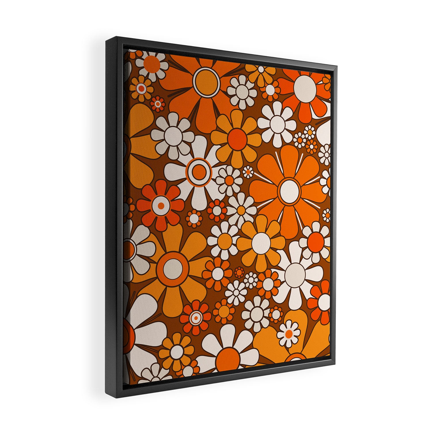 Retro Garden Flowers Groovy Floral Cheerful 60s 70s Pattern in 1970s Orange Brown Beige Framed Canvas Print Gallery Image 2