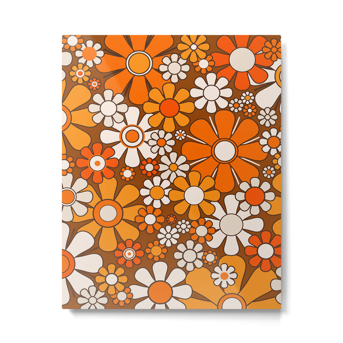Retro Garden Flowers Groovy Floral Cheerful 60s 70s Pattern in 1970s Orange Brown Beige Metal Print Gallery Image 1