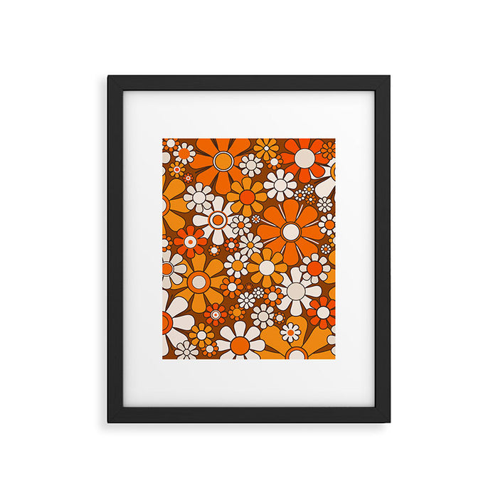 Retro Garden Flowers Groovy Floral Cheerful 60s 70s Pattern in 1970s Orange Brown Beige Framed Art Print Gallery Image 1