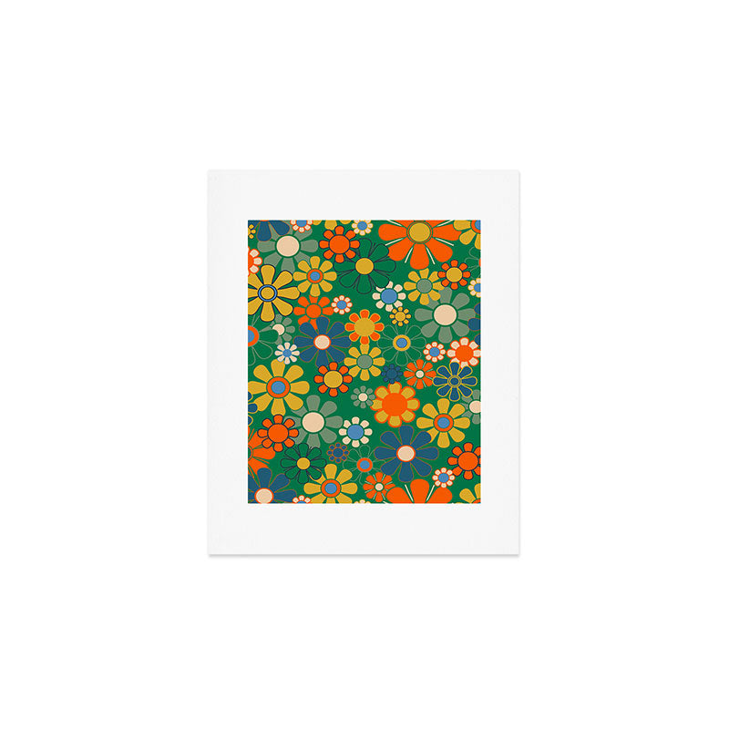 Retro Garden Flowers Groovy Green 60s 70s Floral Pattern Art Print Gallery Image 1