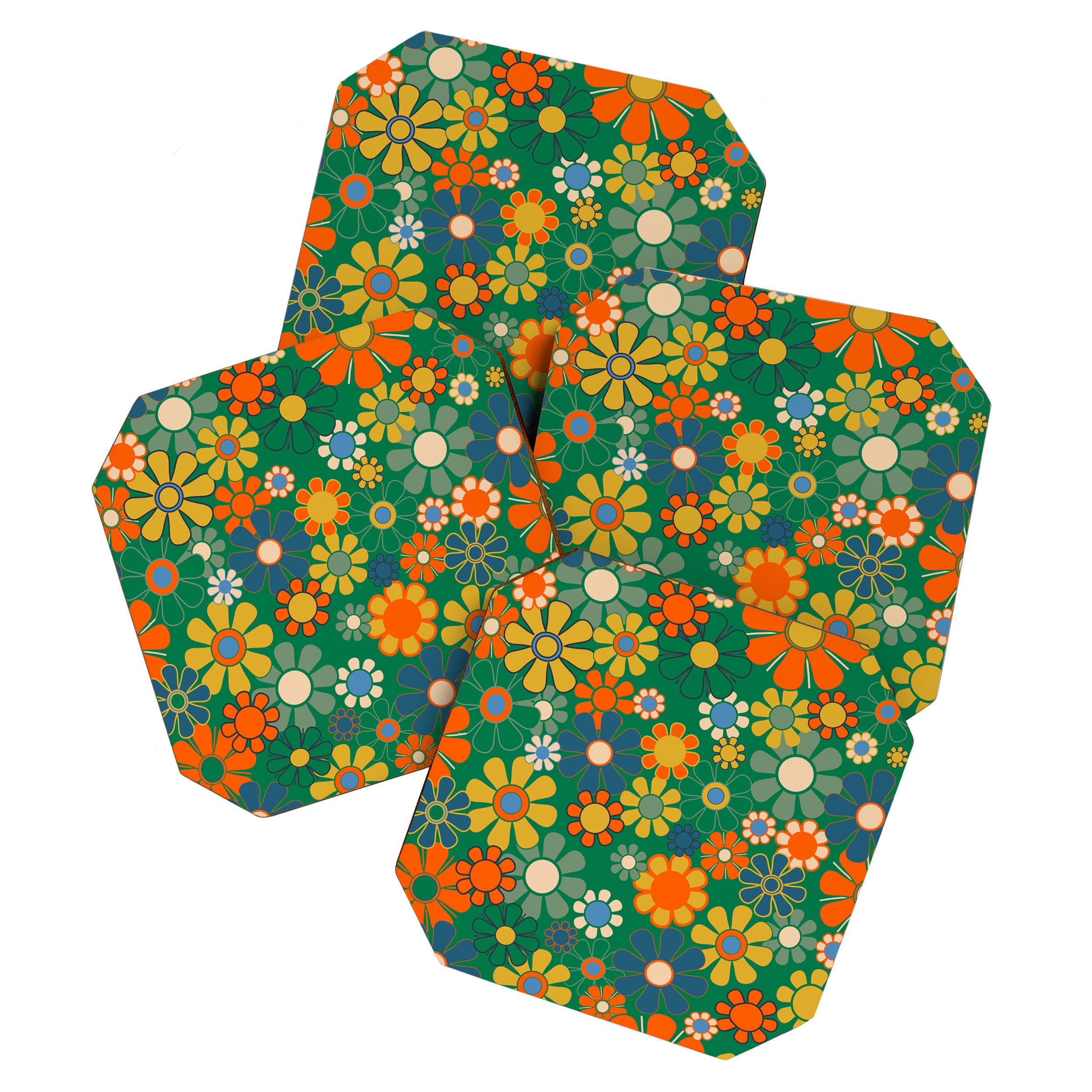 Retro Garden Flowers Groovy Green 60s 70s Floral Pattern Coaster Gallery Image 1