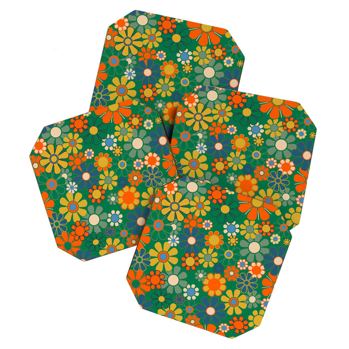 Retro Garden Flowers Groovy Green 60s 70s Floral Pattern Coaster Gallery Image 1