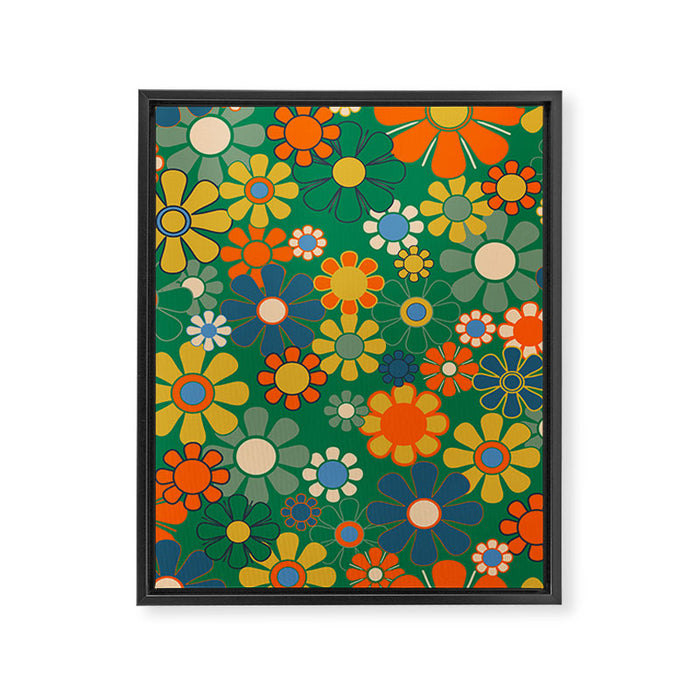 Retro Garden Flowers Groovy Green 60s 70s Floral Pattern Framed Canvas Print Gallery Image 1