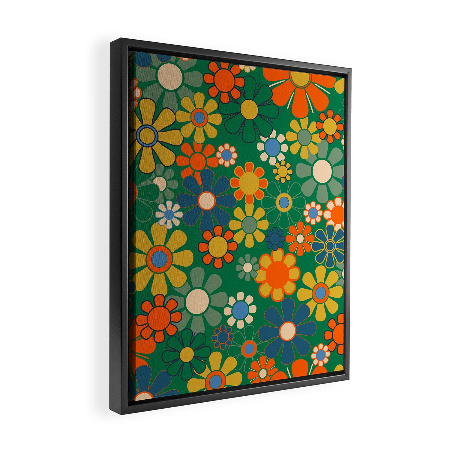Retro Garden Flowers Groovy Green 60s 70s Floral Pattern Framed Canvas Print Gallery Image 2
